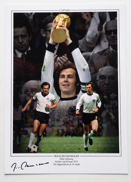 Franz Beckenbauer Signed 16x12 Montage Trophy Lift German Football Legend