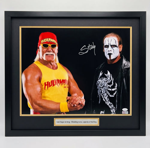 صورة موقعة بحجم 16x20 من WWE لهالك هوجان وستينغ: أساطير المصارعة تتصادم