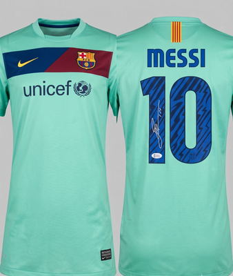 Lionel Messi Authenticated Signed Jersey FCB Green Jersey - With Frame
