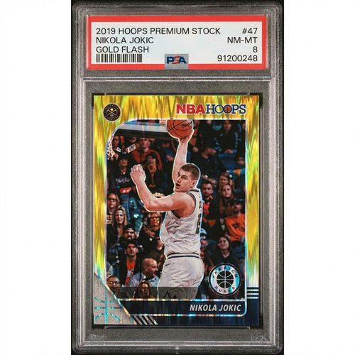 2019 Hoops Premium Stock NIKOLA JOKIC Gold Flash Prizm /10 47 PSA 8