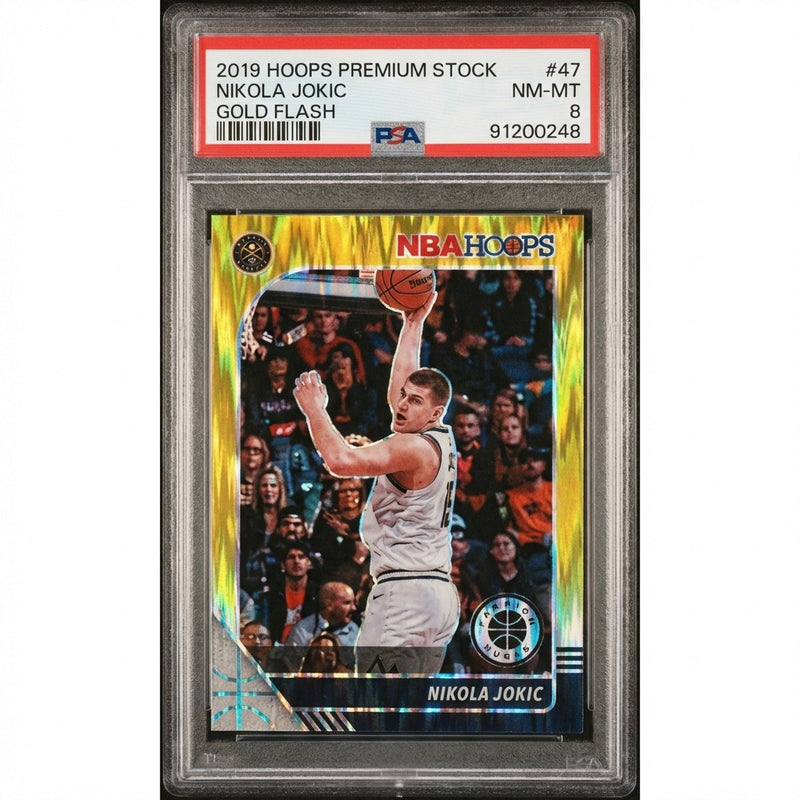 2019 Hoops Premium Stock NIKOLA JOKIC Gold Flash Prizm /10 47 PSA 8