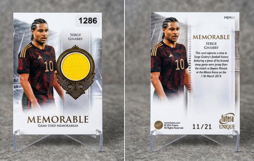 2024 Futera Unique Serge Gnabry MEMORABLE Game Used Patch /21 #MEM11 Arsenal