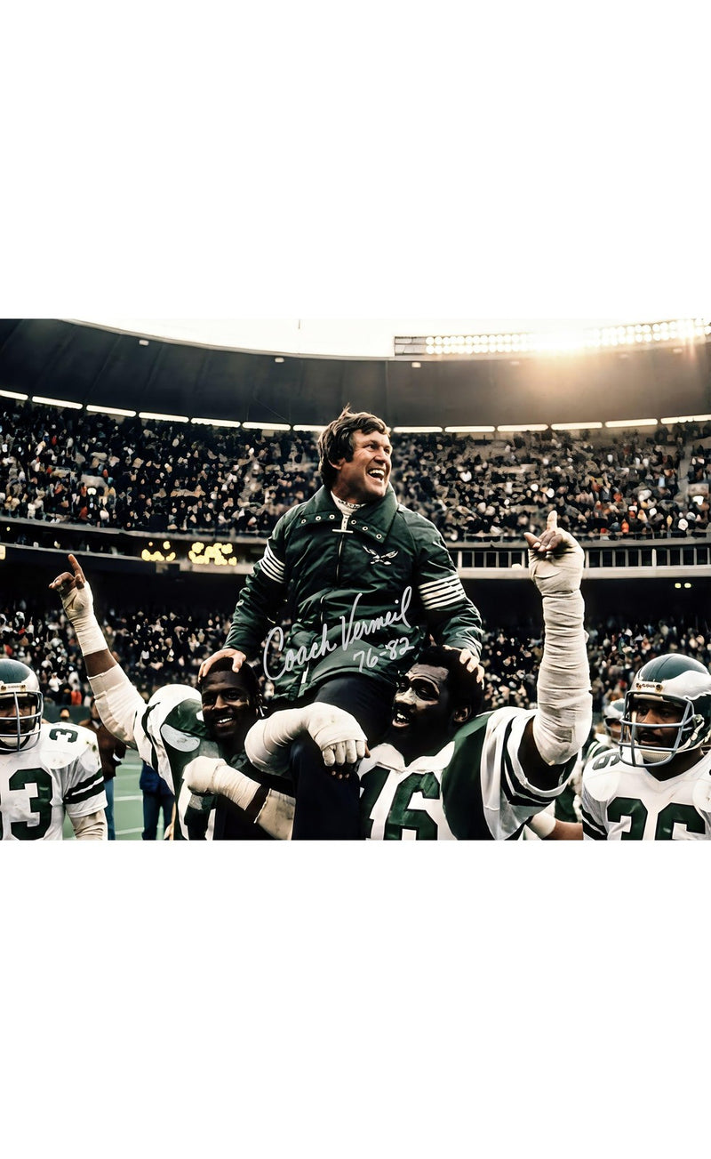 صورة ديك فيرميل موقعة لفريق ايجلز مقاس 8x10 مكتوب عليها "Coach" مع مصادقة بيكيت