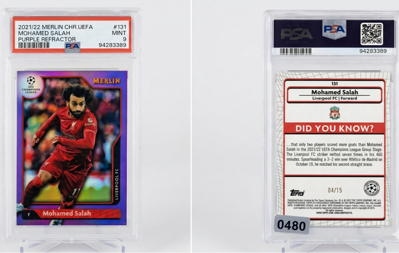 Mohamed Salah Liverpool 2021 22 Topps Merlin Chrome Purple /15 Auto PSA9