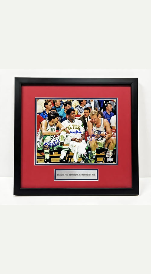 Larry Bird Parish McHale Signed Celtics 8x10 Big Three - With Frame