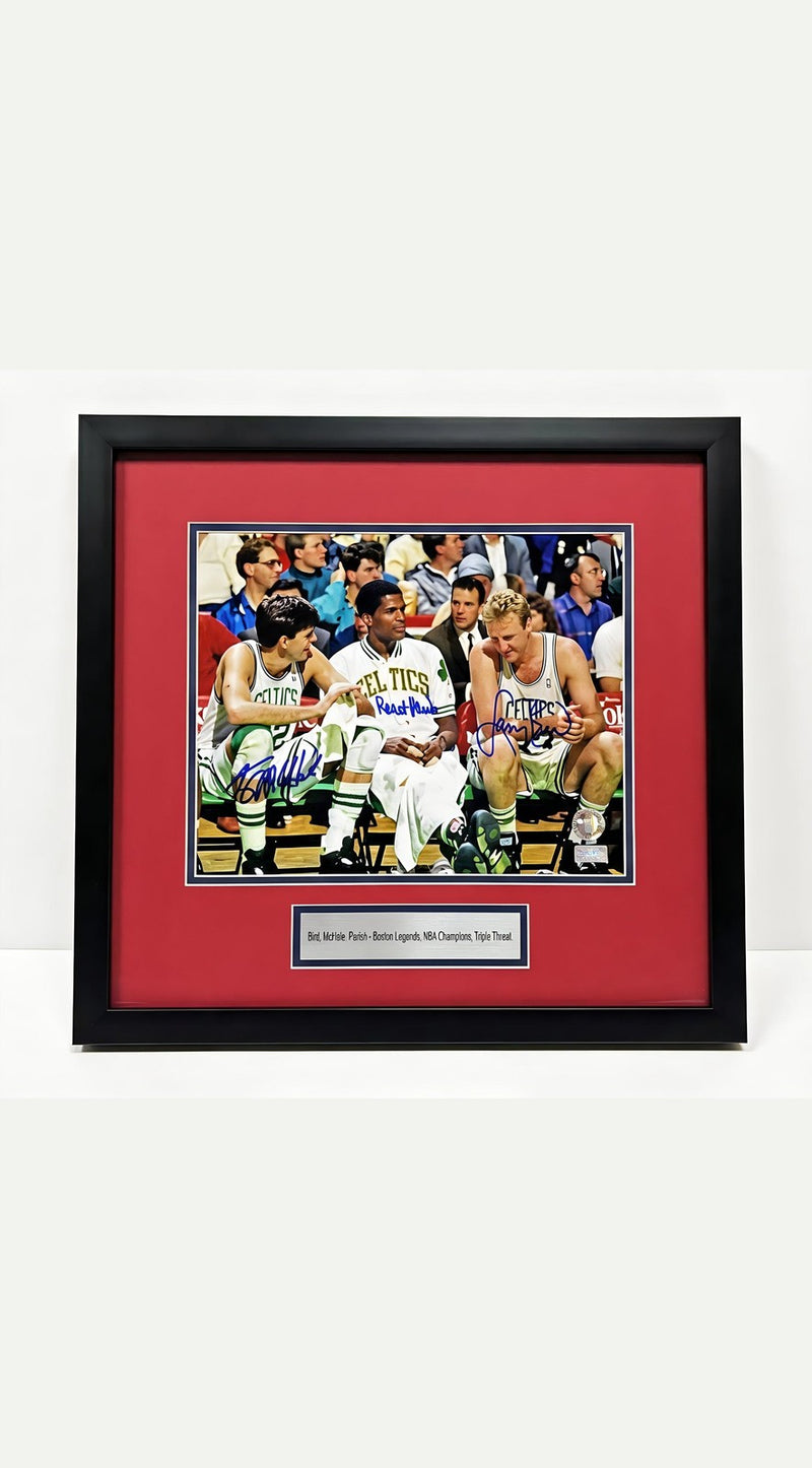 Larry Bird Parish McHale Signed Celtics 8x10 Big Three - With Frame