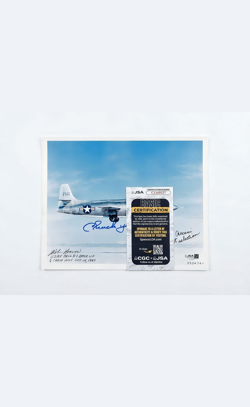 Signed 8x10 Photo by Chuck Yeager Bob Hoover and Fred Ascani JSA Inscription